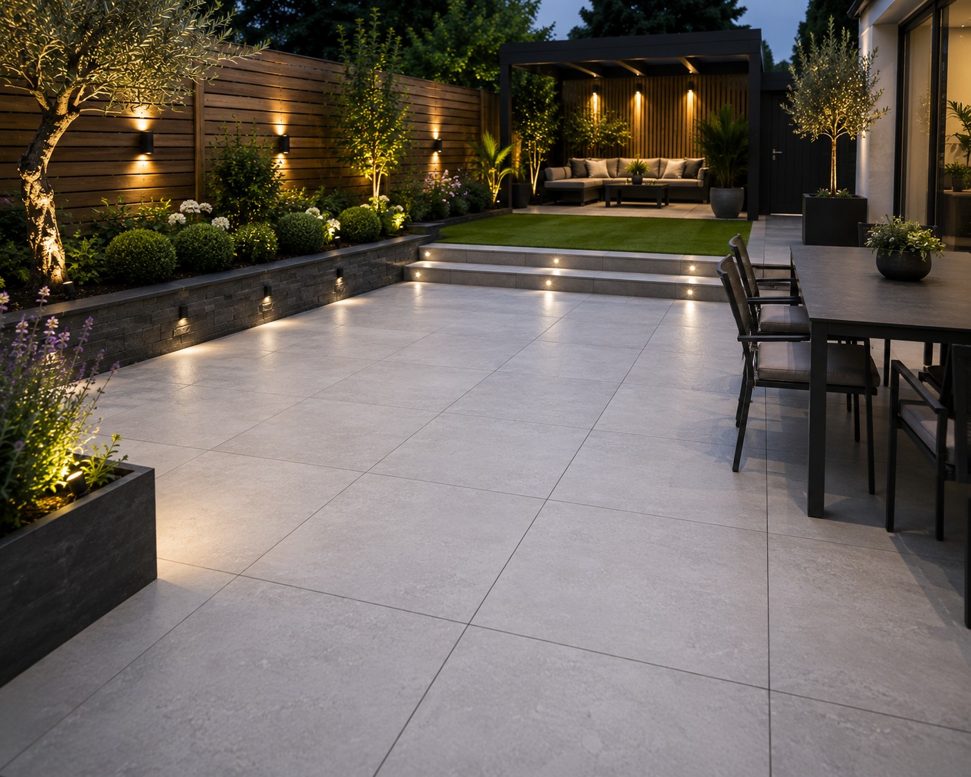 Premium porcelain patio installation in a Yorkshire garden